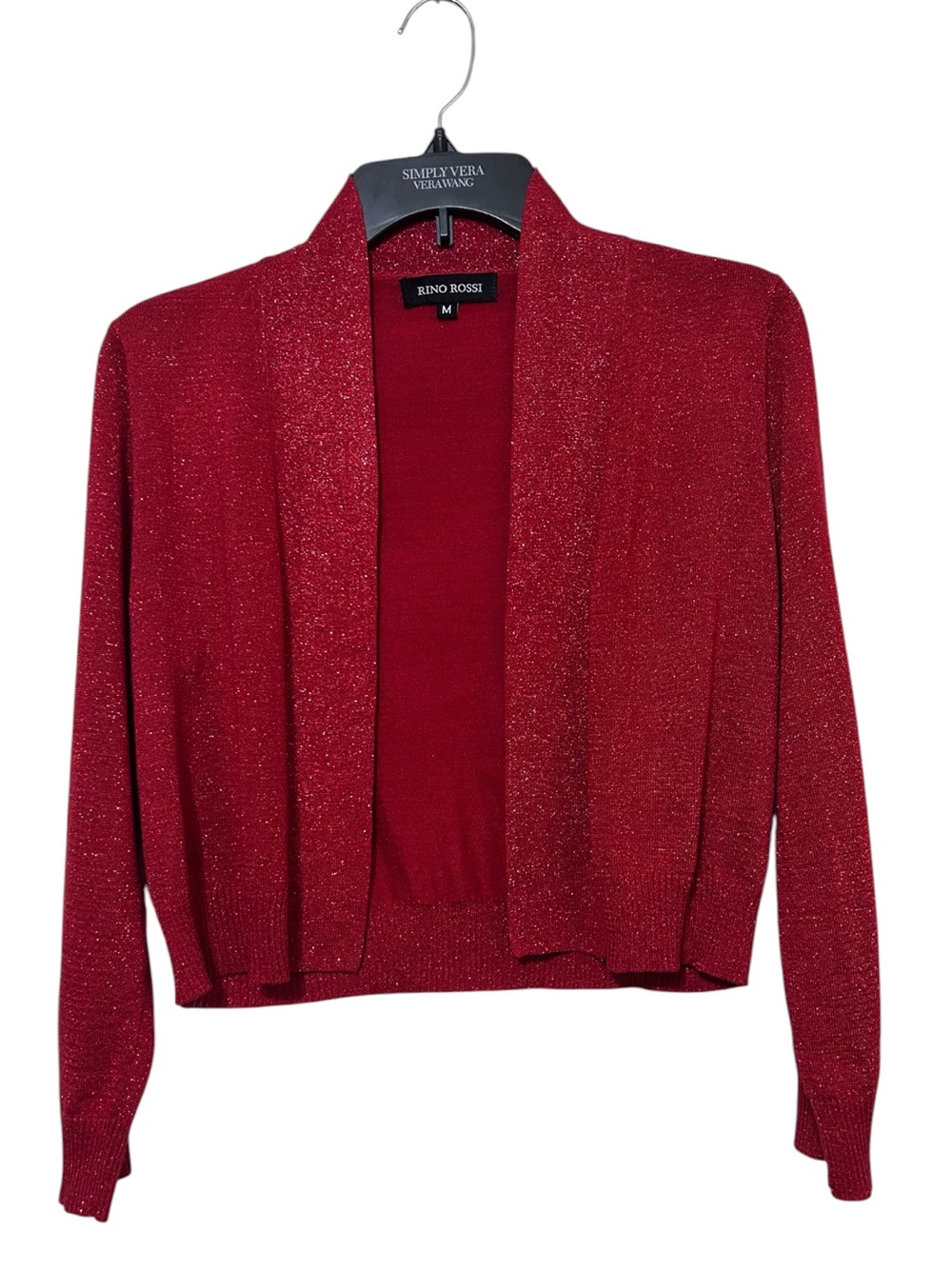 Rino Rossi Red Metallic Glitter Open Front Crop Cardigan Shrug Sweater Medium